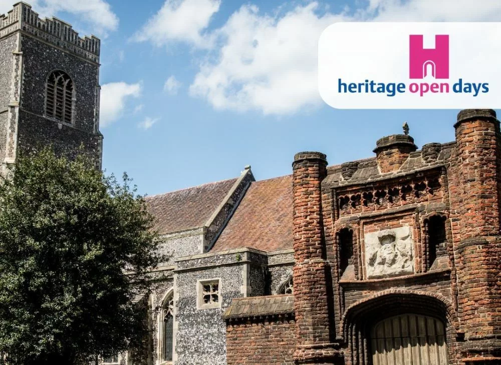 An image of Wolsey's Gate, Ipswich with the Heritage Open Days logo