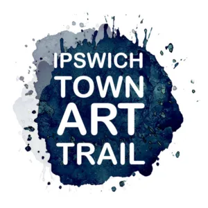 Logo for Ipswich Town Art Trail. The title is written in white reversed out of a blue paint splat