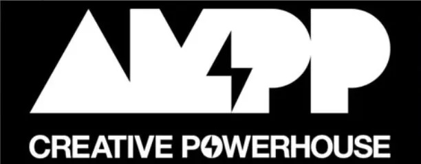 lettering: AMPP with a lightening flash in the negative space between the M and the P make up the AMPP logo - underneath, the words 'Creative Powerhouse'