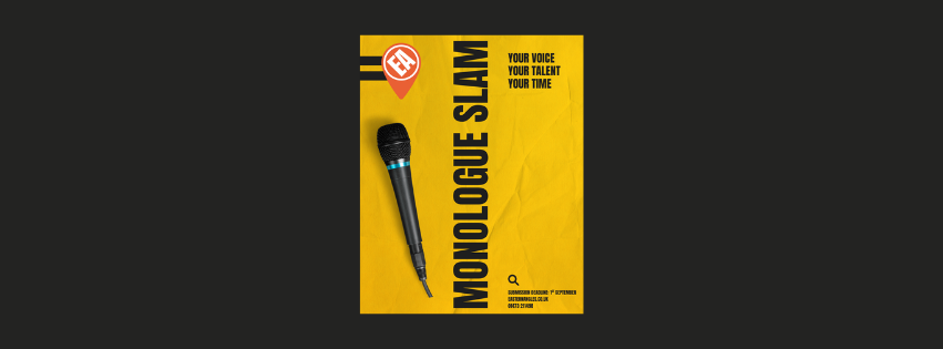 Yellow poster advertising Eastern Angles monologue slam event - features a photograph of a microphone alongside text and Eastern Angles logo
