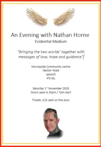 Poster advertising An Evening With Nathan Horne, Evidential Medium on 1st November. Features a pair of wings at the top, and a headshot of Nathan below at the bottom
