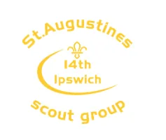 Logo for St Augustine's 14th Ipswich Scout Group. Yellow text on white background with scout emblem included