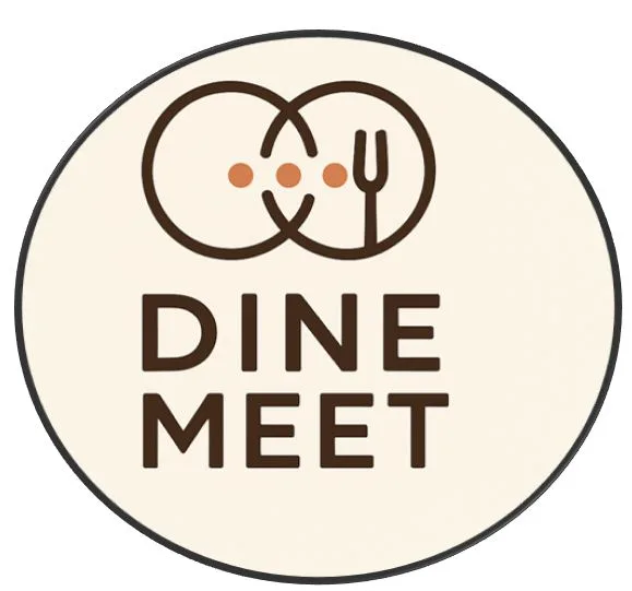 Dine Meet logo. Cream background with lettering plus a graphic that looks like two overlappingplates and a fork