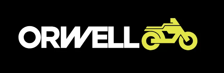 Orwell motorcycles logo featuring the word Orwell in white and a motorcycle icon in yellow