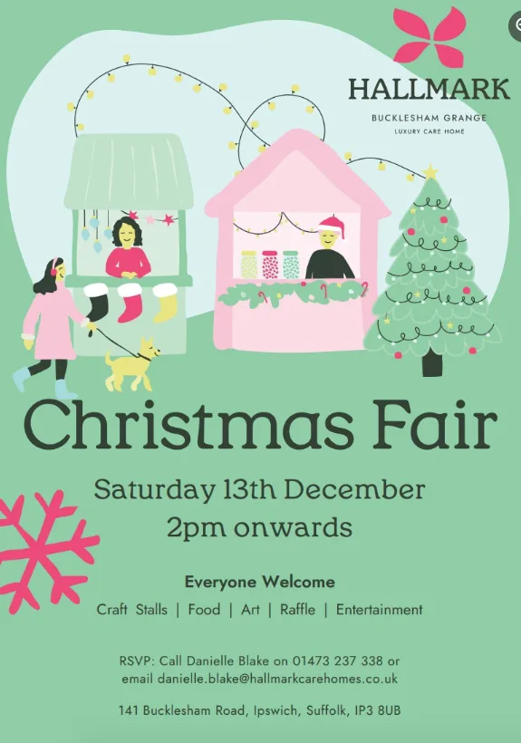 Poster advertising Bucklesham Grange care home Christmas Fair. Features illustrations of two market stalls, a customer with a dog adn a christmas tree