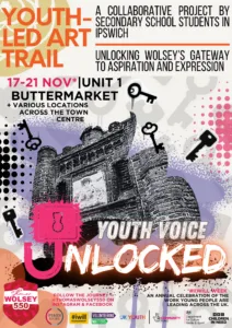 Poster advertising the Youth Voice Unlocked project. An image of Wolsey's Gate, with several keys and graphic treatments are used in the background