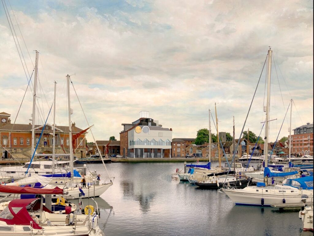 Artist's impression of the Clay1A building with ipswich waterfront and boats in the foreground