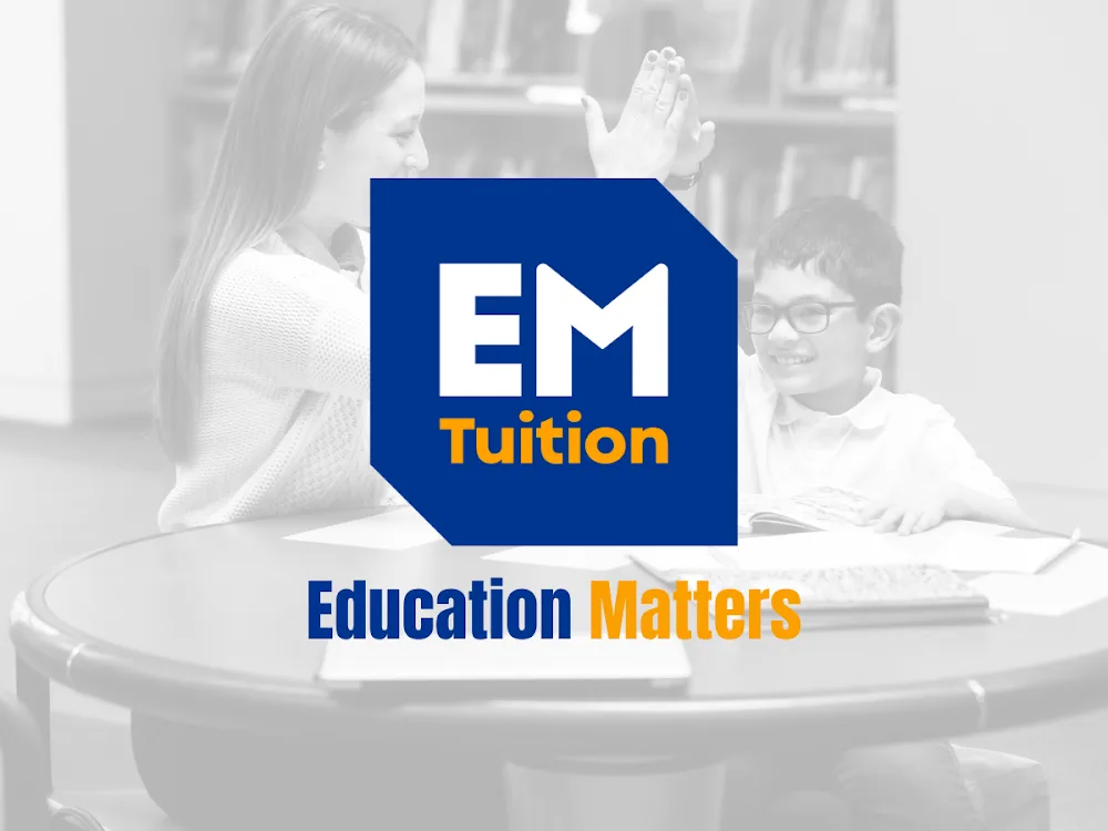 Black and white faded background image of an adult playing games with a child at a table. In the foreground, EM Tuition's logo - white and yellow copy on a blue square shaped background and the words 'education matters' underneath