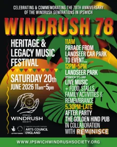 Poster advertising Windrush 78 festival on 20th June. Colours are Green, Red and yellow and feature a background of an exotic plant leaf and a palm tree